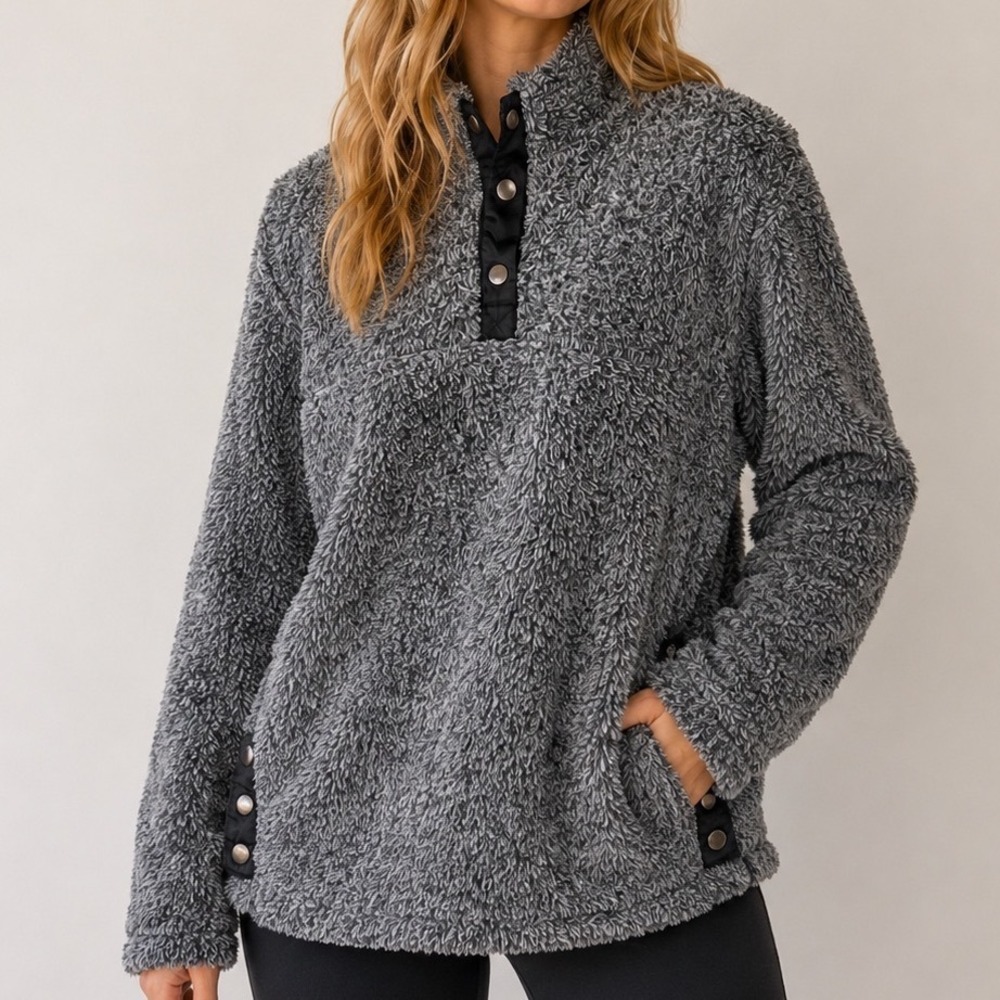 Isela Sport L Gray Sherpa Fleece Pullover Snap Neck Cozy Teddy Sweater Gorpcore